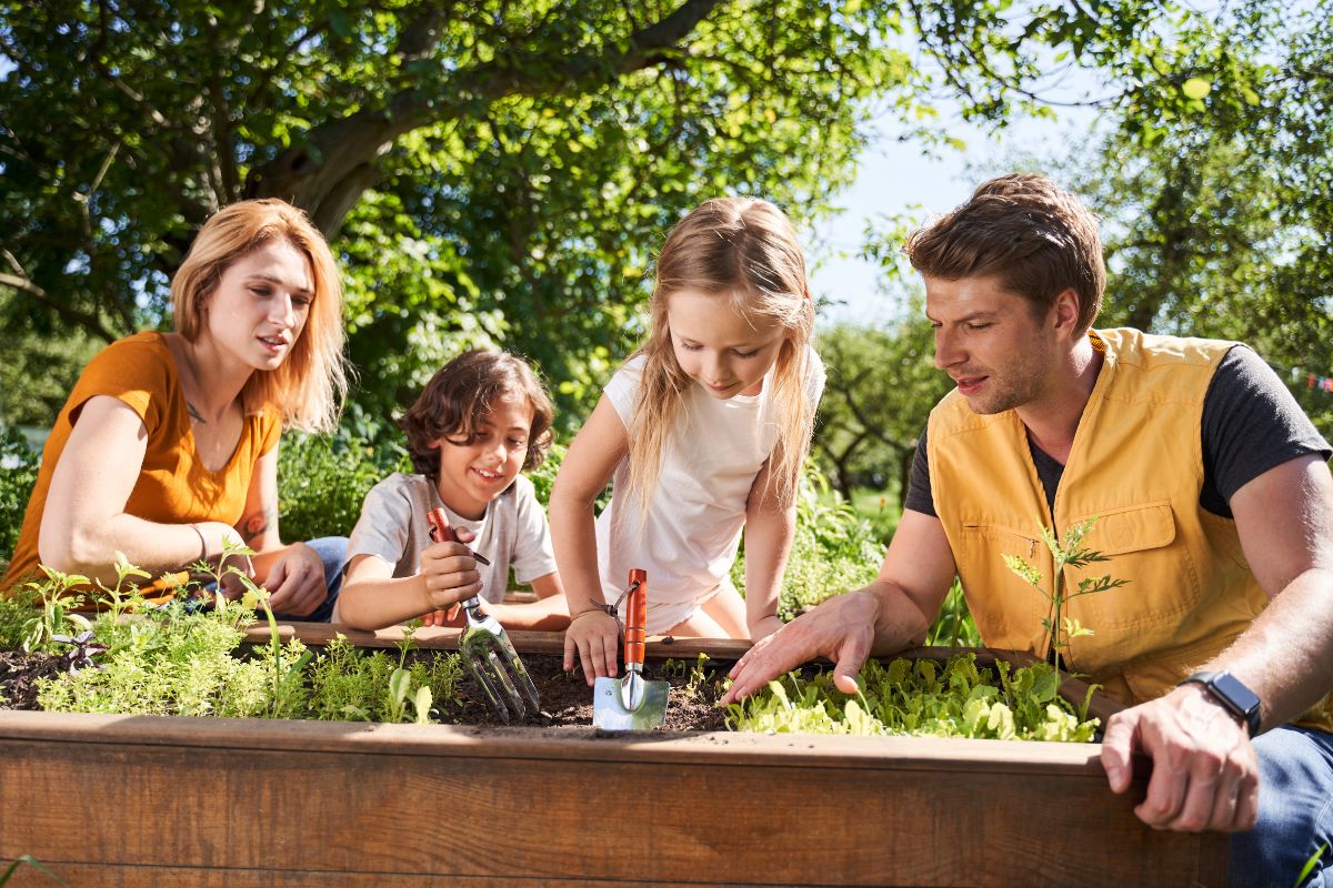 A family working together to plant vegetables in a vibrant garden, showcasing teamwork and nurturing nature.