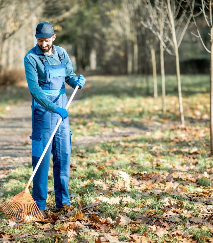 A man wearing overalls and gloves sweeps fallen leaves into a pile in a garden setting.